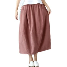 Осенние новые женские элегантные свободные хлопковые льняные юбки женские повседневные однотонные прямые юбки до середины икры с эластичной талией O322