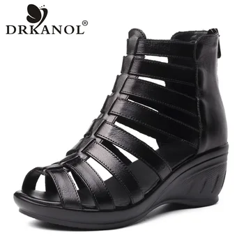 

DRKANOL 2020 Women Gladiator Sandals Sexy Cutout Genuine Cow Leather Wedge Sandals Summer High Heels Women Shoes Zapatos Mujer
