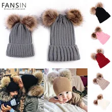 Fansin Brand Mother Kid Baby Double Ball Child Woman Hats Keep Warm Winter Knit Beanie Mom Baby Hats Crochet Cap Family Matching