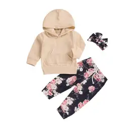 Комплект одежды для новорожденных девочек, новые модные однотонные топы с длинными рукавами и капюшоном, длинные штаны с цветочным