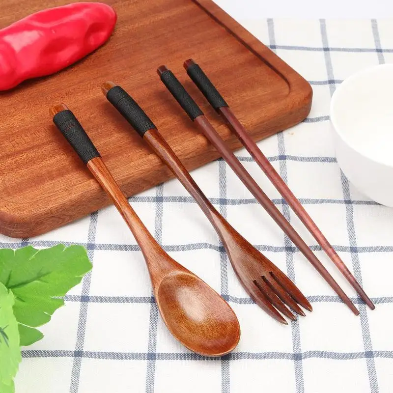 

Portable Japanese Wood Chopsticks Fork Spoon Tableware Travel Bento Cutlery Set Natural Eco-friendly Wooden Dinnerware With Bag