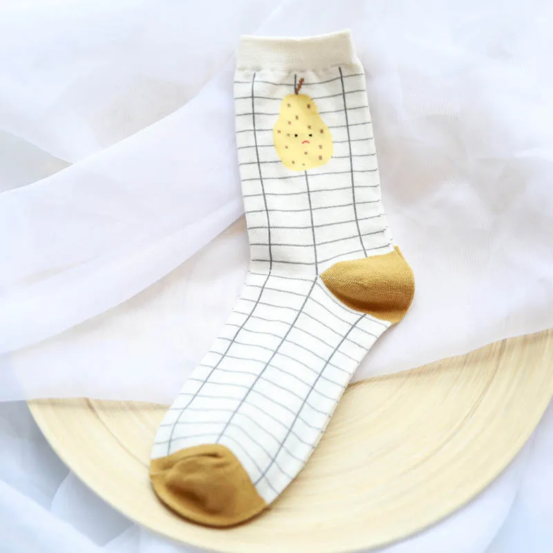 1 пара, модные удобные носки с мультяшными фруктами, милые женские Мягкие хлопковые носки средней длины в стиле Харадзюку для девочек - Цвет: Pear