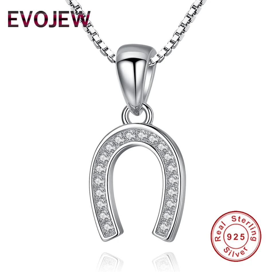 Real 925 Sterling Silver Horseshoe Pendant Necklace Pave CZ Crystal U