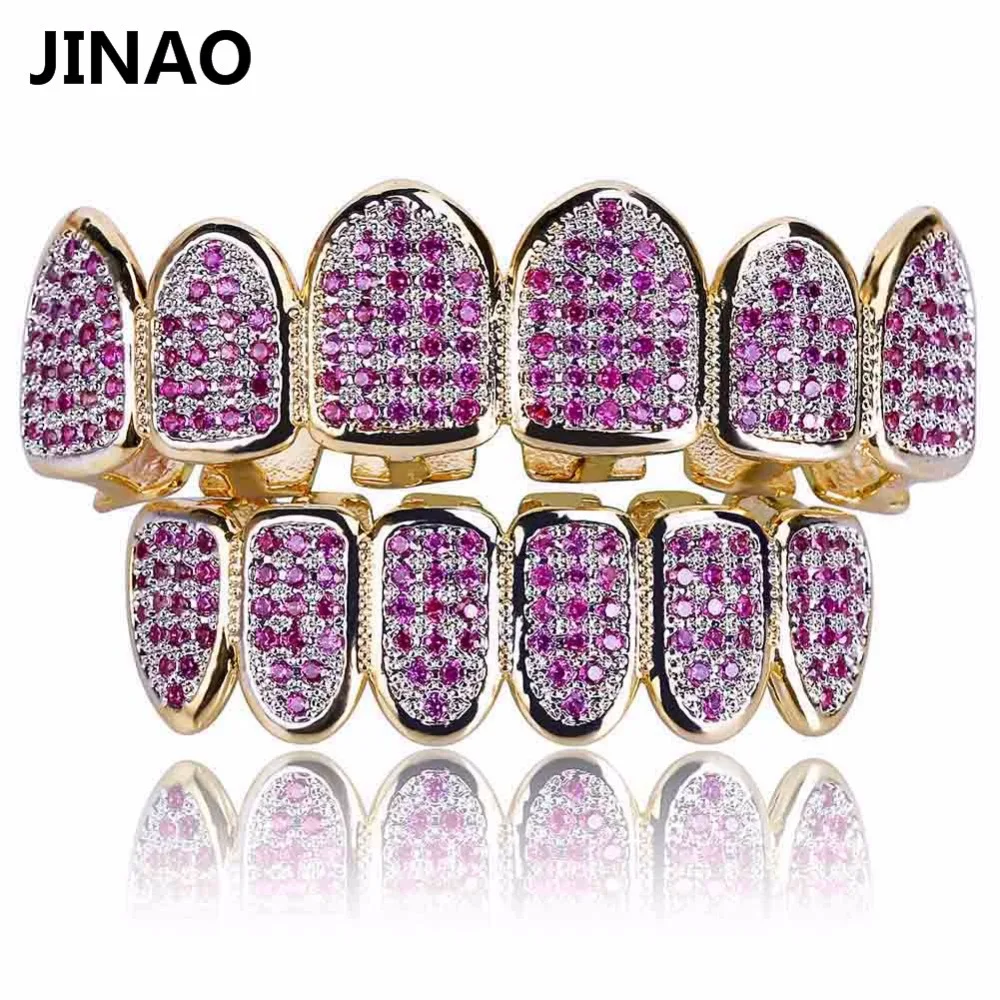  JINAO New Custom Fit Gold Color HipHop Teeth Grillz All Iced Out Fuchsia CZ Stonea Micro Paved Wome