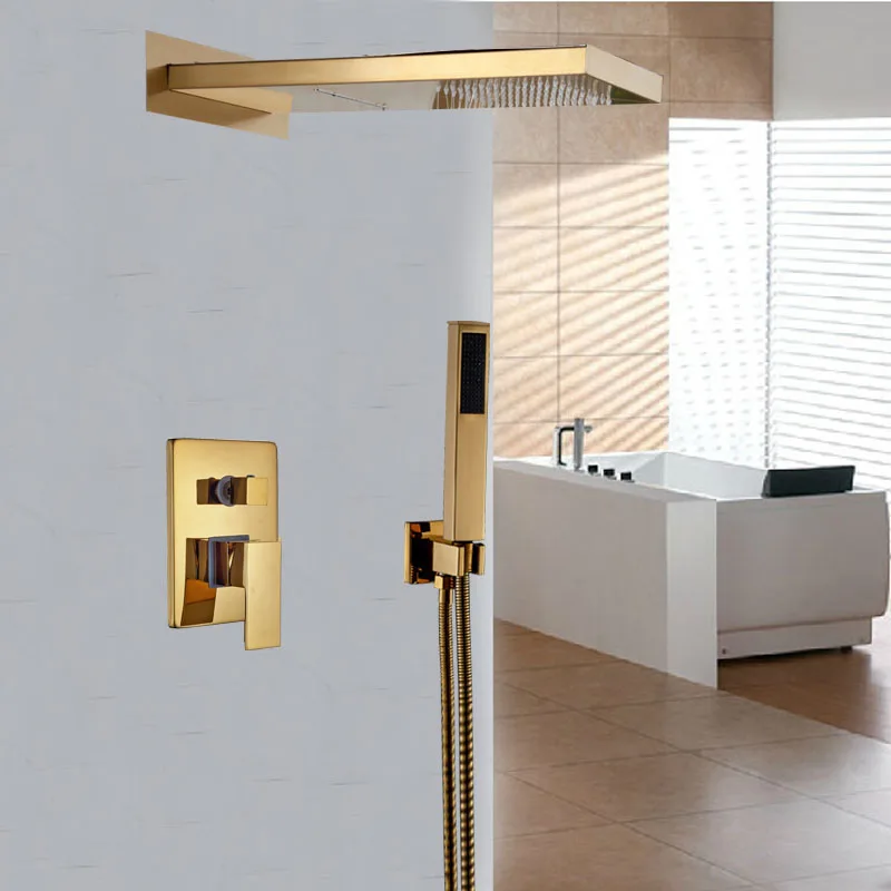 

Modern 3 Ways Mixer Valve Rain Waterfall Shower Mixer Faucet with Handshower Golden Bathroom Mixer Taps