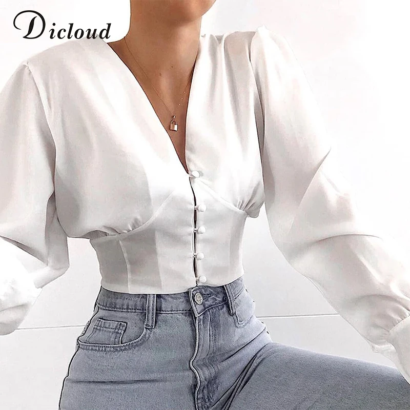 

DICLOUD Elegant White Button Up Blouse Women 2019 Autumn V Neck Long Sleeve Ladies Cropped Tops Pleated Back Fashion Shirts