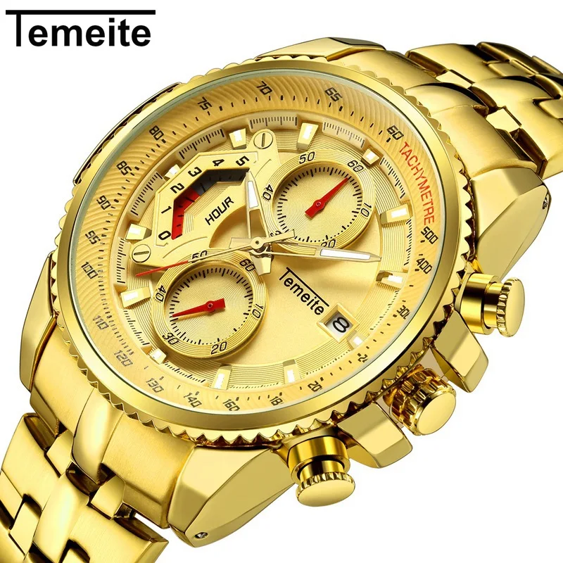 

Temeite Mens Watches Top Brand Luxury Stainless Steel Quartz Watch Men Waterproof Chronograp Unique Wristwatch Mens Gold Watch