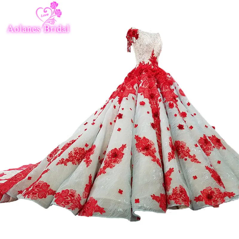 

AOLANES 2018 Red Lace Champagne Tulle Bride Dress Boat Neck Sleeveless Cathedral Train Ball Gown Cap Sleeve Wedding Dresses