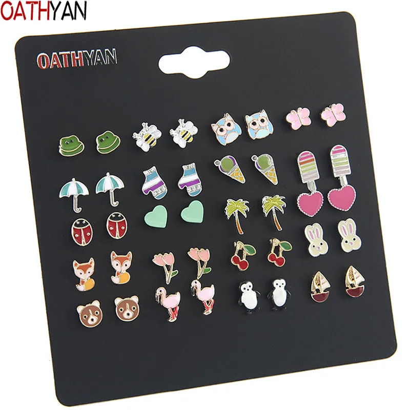

OATHYAN 20 Pairs/set Women's Cute Colorful Enamel Animal Flamingo Fox Bear Stud Earrings Set Mix Girl Insect Bee Ladybug Earring