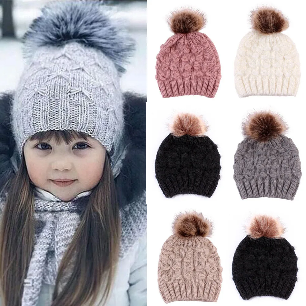 Милые детские шапки для маленьких девочек и мальчиков, зимняя теплая вязаная шапка, брендовая шапочка мех шапка с помпоном, детская шапка s 1030