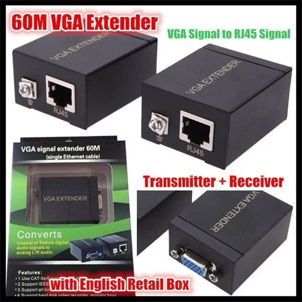 

20pcs!Single RJ45 Cat 5e/6 Network Cable Up To 60M VGA Signal Extender Repeater Adapter (Transmitter+Receiver) Support 1080P 3D