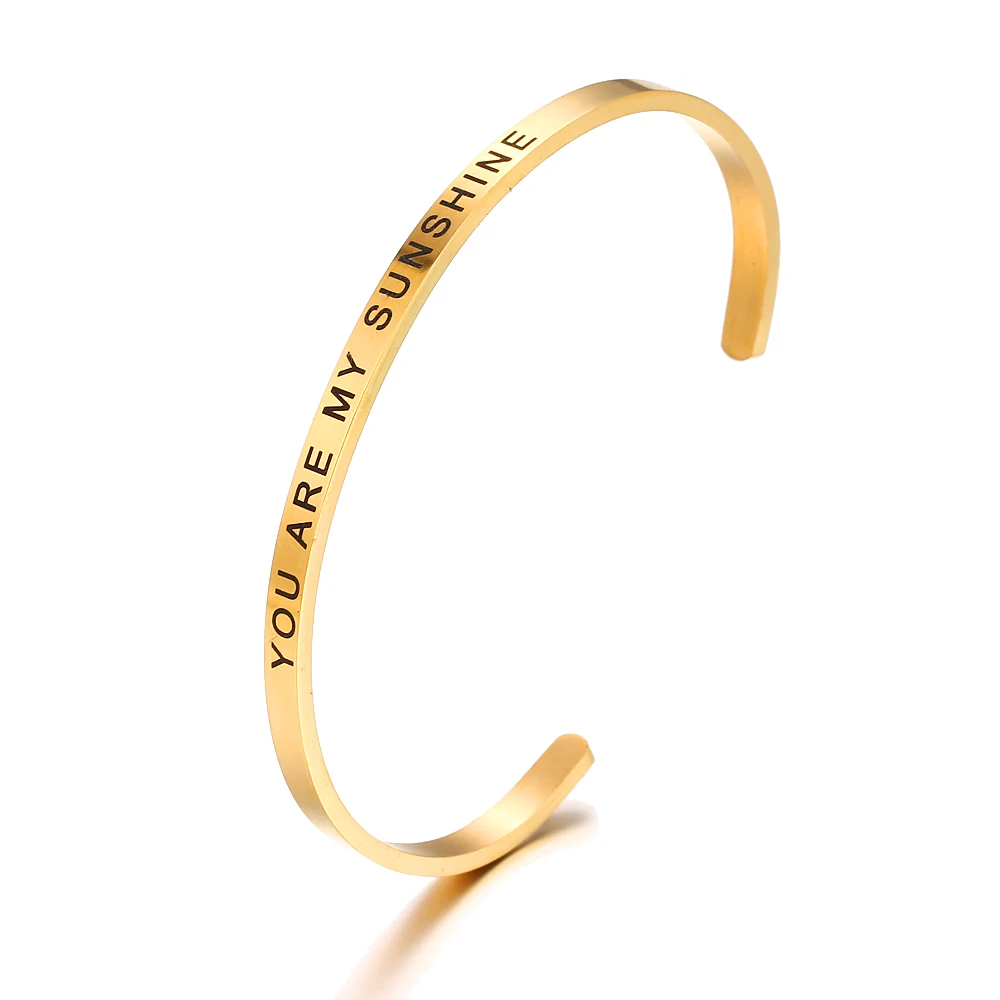 

2019 New 4MM Gold Stainless Steel Engraved Words Positive Inspirational Quote Cuff Mantra Bangle & Bracelet for Women Jewelry