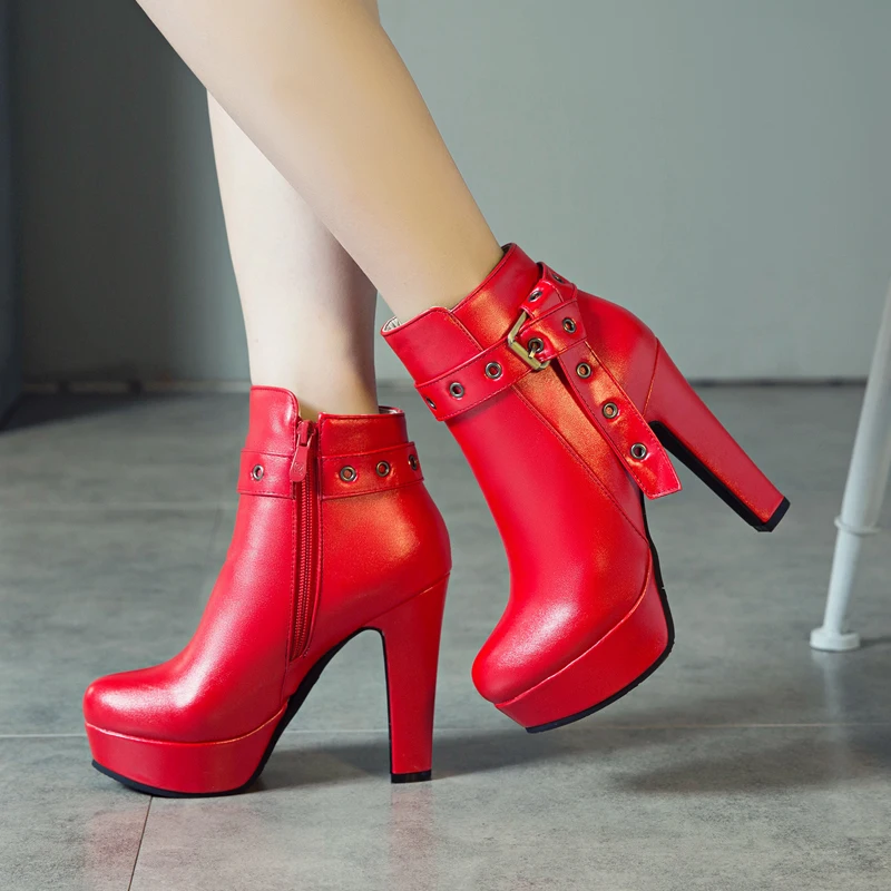 

AIWEIYi Martin Boots for Women Round toe Square Heel Super High Heels Motorcycle Boots Buckle Design Autumn Winter Shoes Botas