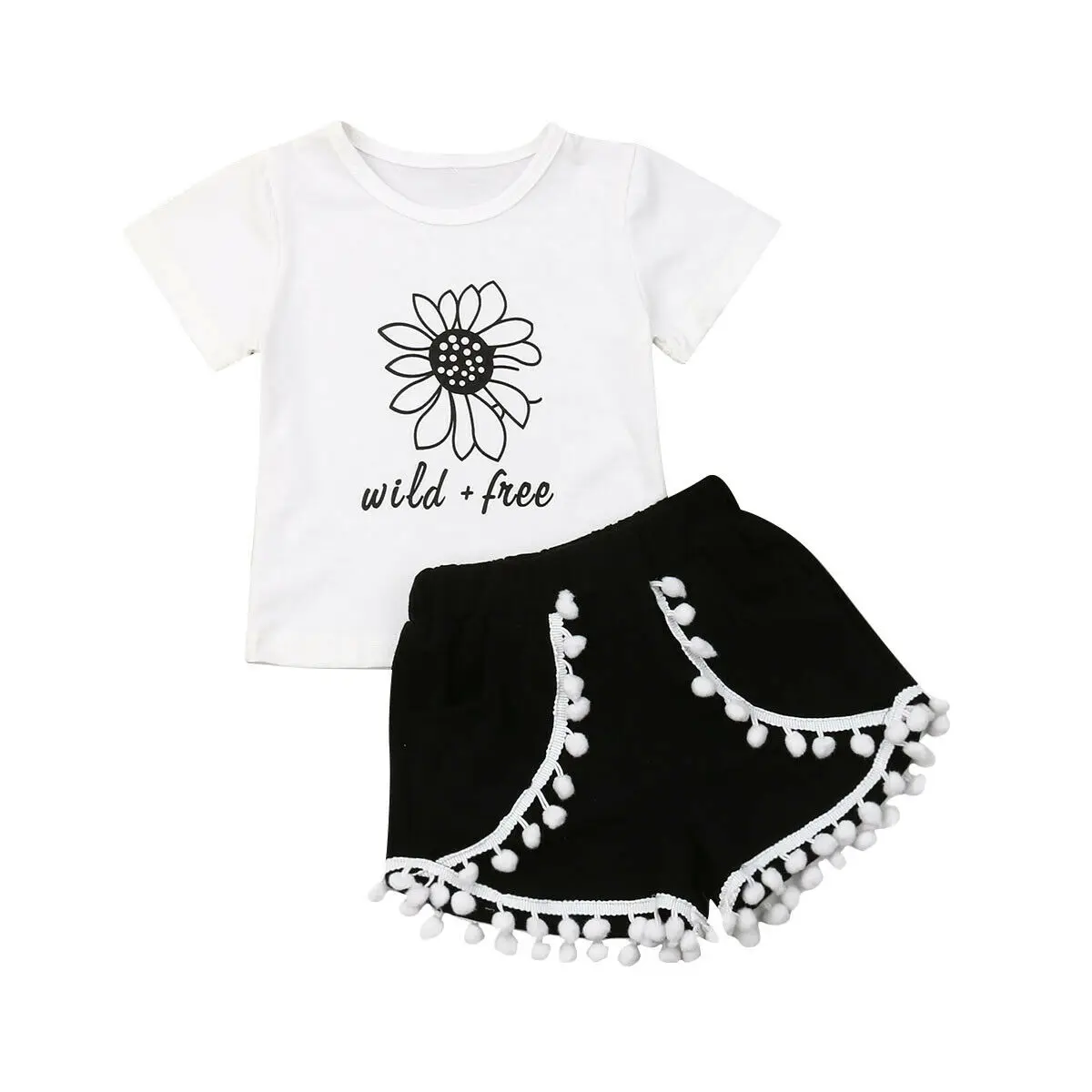 

Children Girl Summer Casual Clothes Set White Sunflower Short Sleeve T-Shirts Black Elastic Pant Kids 2Pcs Outfit