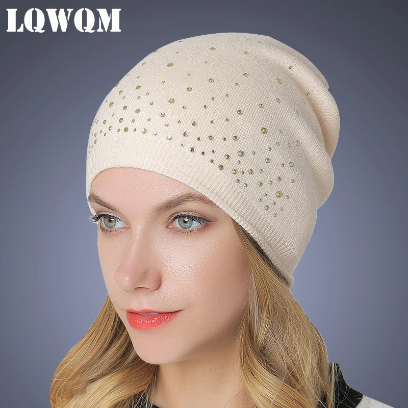 LQWQM Cashmere knitted hat wool winter hats for women double thicken
