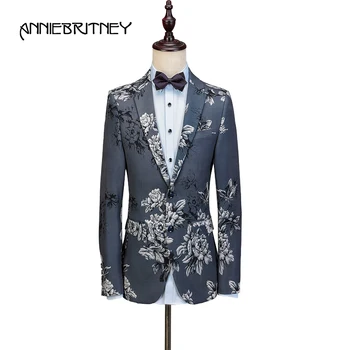 Najtaniej Żakardowe Garnitury Męskie Garnitury ślubne Smoking Jacket Szary Wzór Garnitur Kwiatowy Smoking Pana Młodego Slim Fit Mężczyźni Blazer Prom Terno Masculino