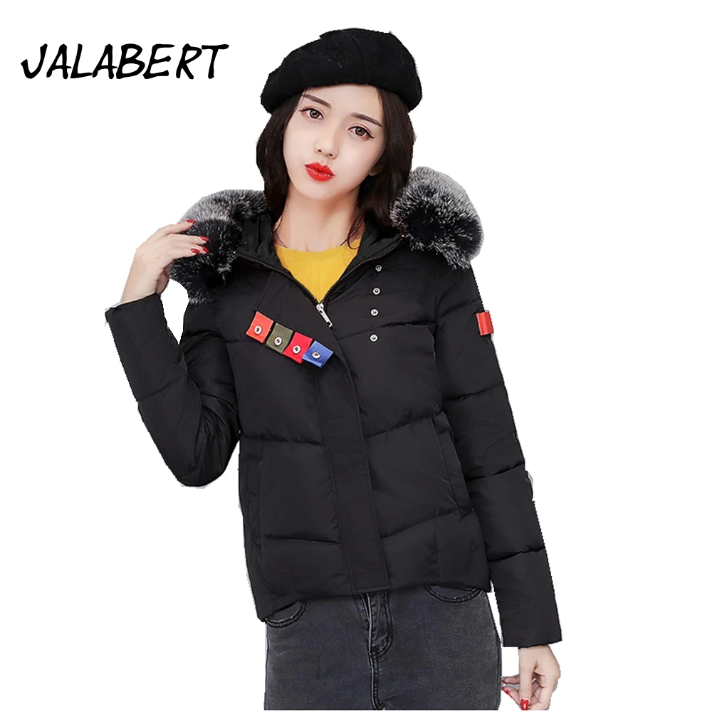 2017 new winter women short fashion big Fur collar Hit color cotton coat Female thickening Big