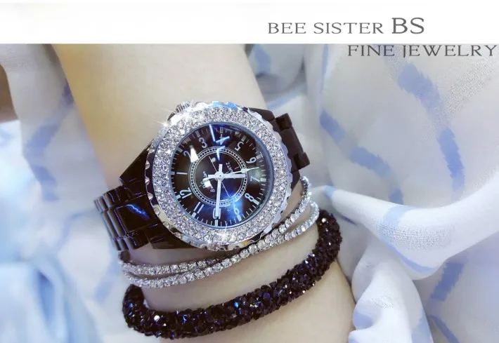 Летние Для женщин Стразы Часы леди платье часы Montre Femme черный, белый цвет Керамика браслет наручные женские часы со стразами