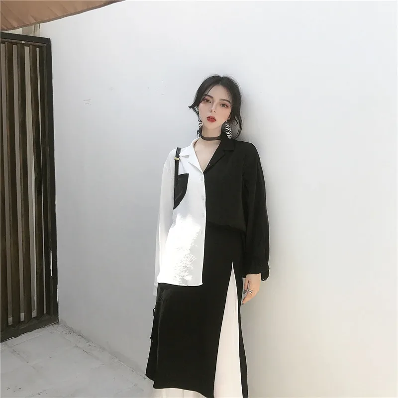 Korobov женская блузка, корейские Лоскутные рубашки с длинным рукавом и отложным воротником, блузки, новая мода, повседневные рубашки Mujer 77232