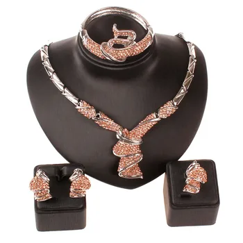 

Women Silver Color Champagne Crystal Africa Dubai Wedding Party Necklace Bangle Earring Ring Jewelry Sets