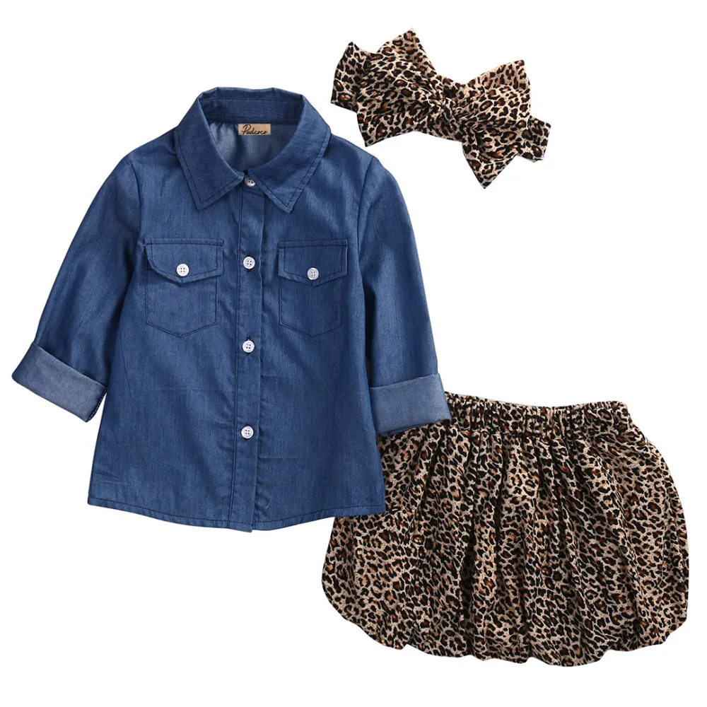 

Pudcoco 6M-5Y Baby Girl Autumn Spring Clothing Sets Casual Long Sleeve Denim T-shirt+Leopard Skirt+Headband 3pcs/set Suits Girl
