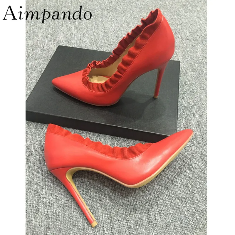 Volantes black Tacones Negro Vestir Boda Bombas Rojo Punta Delgada Mujer Plisado De red Cuero Zapatos Black Banquete Suede Real Leather AwTAqr