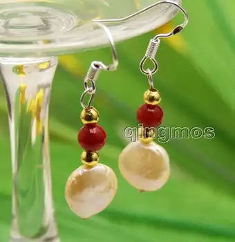

9-10mm Pink Coin Round Natural Freshwater Pearl and 5-6mm Red Coral Earring-ear507 wholesale/retail Free shipping