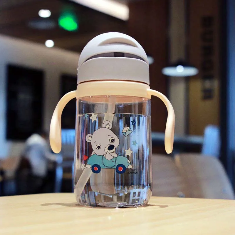 Hot 420ml Baby Learning Drinking Water Bottles Feeding Sippy Cup With Handles snd Strap Newborns Kids Cute Cartoon Leakproof Cup - Цвет: 420ml Strap Gray