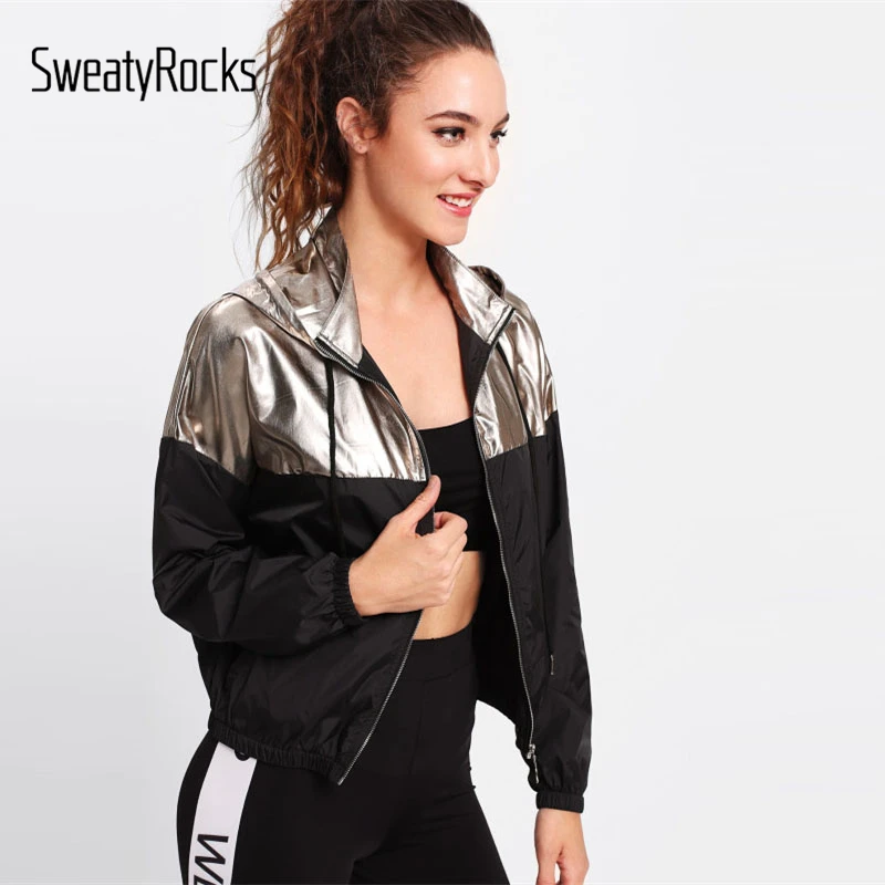 Greatest  SweatyRocks Two Tone Metallic Casual Hoodie Jacket Color Block Drawstring Women Clothing Top Pocket