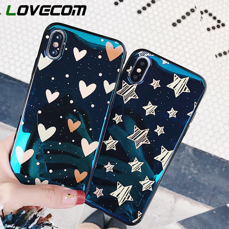 

LOVECOM Love Heart Stars Blue Light Phone Case For iphone X 8 7 6 6s Plus Soft Cartoon Mirror Case Glossy Shell Coque Gift