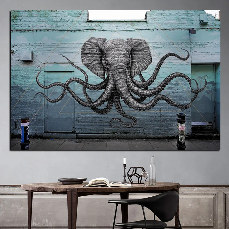 Mural of a Hybrid Elephant Octopus Creature Painting Print on Canvas Pop Art Animal Wall Picture for Living Room Cuadros Decor (2)