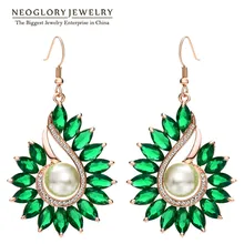 Neoglory, австрийские стразы, розовое золото, зеленый циркон, очаровательные Висячие серьги для женщин, искусственный жемчуг,, новая мода, горох