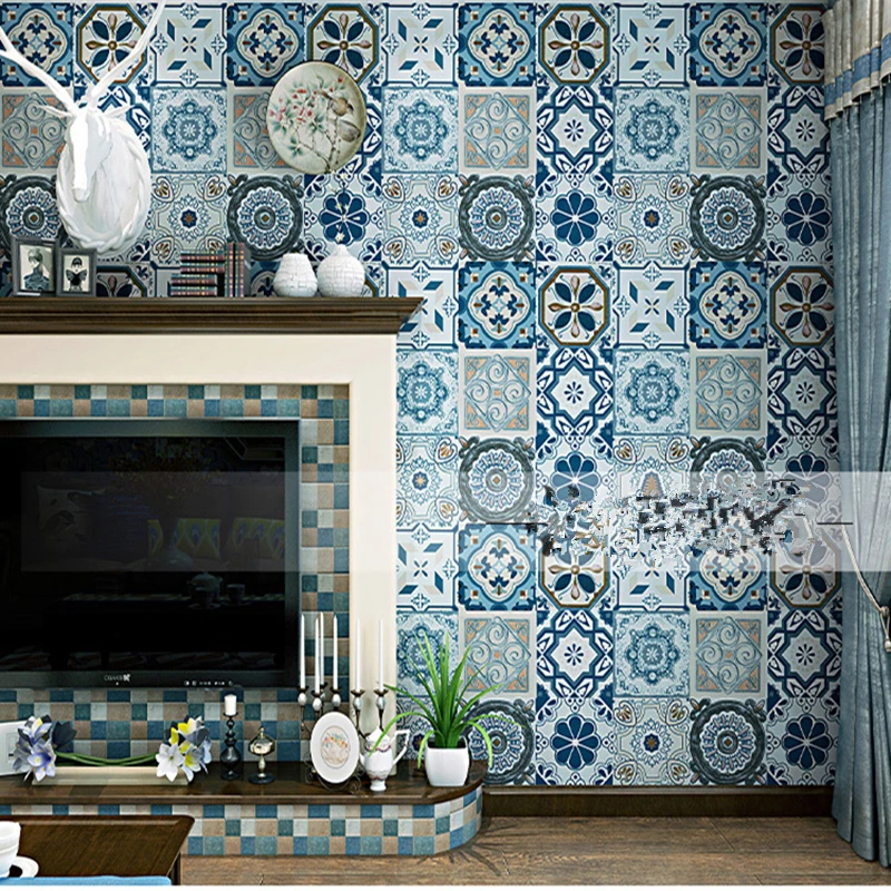 Goedkoop Bohemen Wallpapers Blauw Faux Tin Plafond Tegel 3D Muur Doek Rolls Metallic Vinyl Tegel Decals Retro Wallpapers voor Woonkamer
