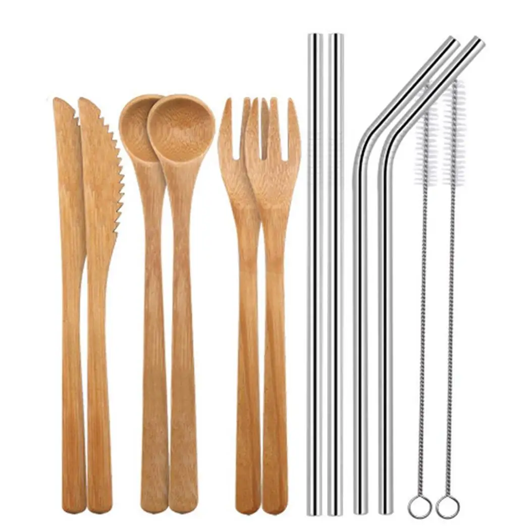 

6pcs Portable Home Bamboo Cutlery Set Home, Outdoor Without Cloth Bag, With Cloth Bag Tableware Set Random