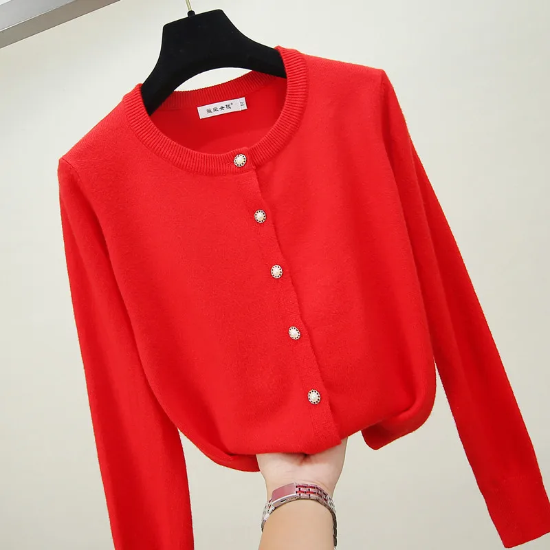 Женский свитер, куртка,, весенний осенний свитер, кардиганы, вязаное пальто, длинный рукав, круглый ворот, Повседневный свитер размера плюс, 9 цветов, R144 - Цвет: Red