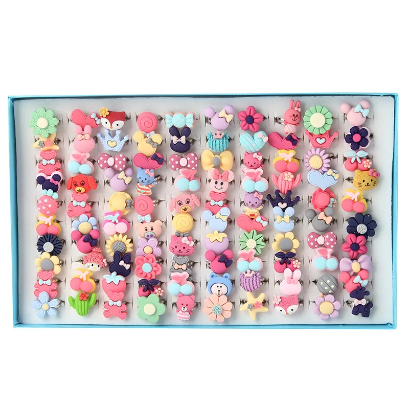 New Arrival Cute Resin Colorful Animal and Flower Kids Rings for Girls Children's Day Gift Finger Jewelry 100pcs