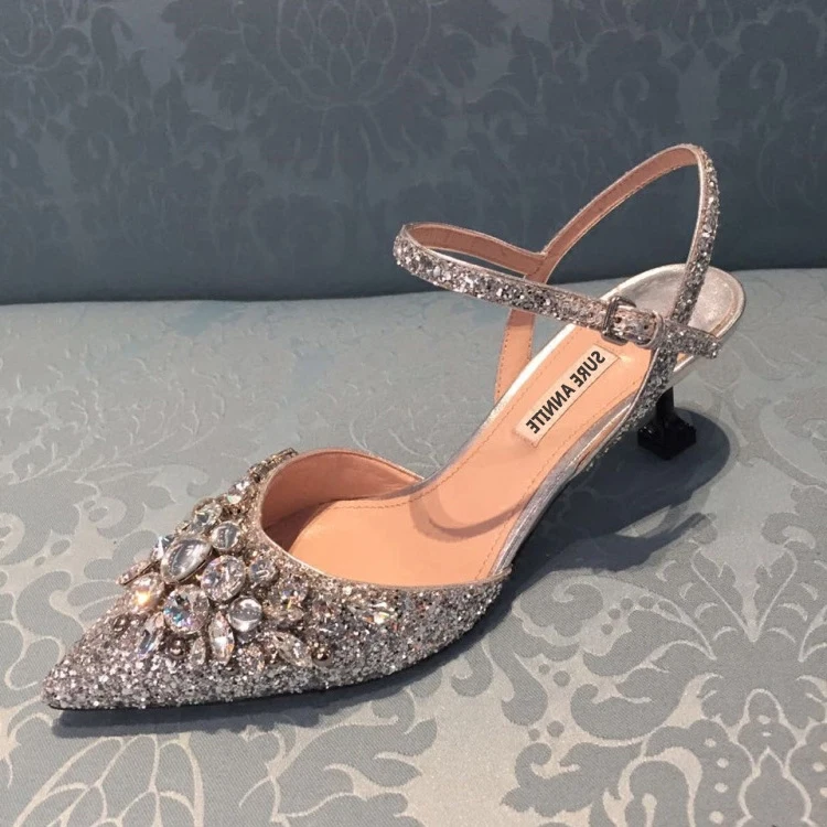 

Summer Crystal Sequin Pointed High Heels Shoes with Buckle Back Empty Women Sandals Thin - heeled Crystal Silver Wedding Shoes