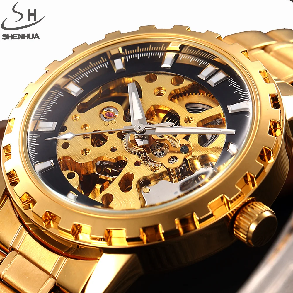 

shenhua Brand Automatic Watch Men Luxury Skeleton Mechanical Watch Men's Gold Stainless Steel Clock Business Relogio Masculino