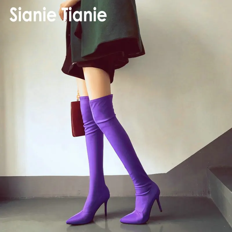 

Sianie Tianie stretch fabric elastic purple thin high heels boots stiletto over the knee high booties overknee sock boots women