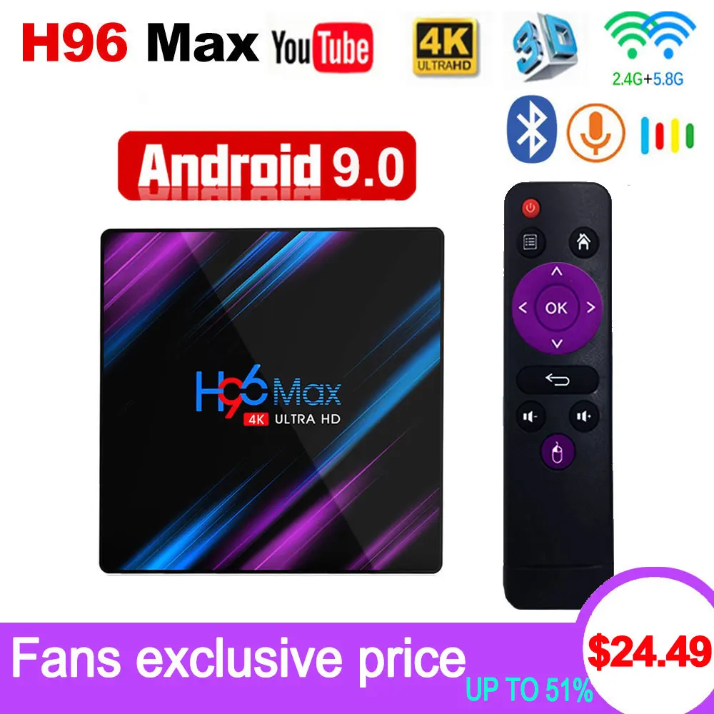 الروبوت 9.0 التلفزيون مربع H96 ماكس Rockchip RK3318 4 K مربع التلفزيون الذكية 2.4G و 5G Wifi BT4.0 H96Max 4 GB 64 GB مشغل الوسائط الروبوت تعيين كبار مربع