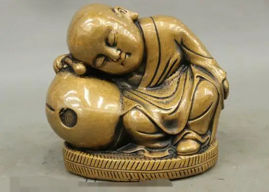 

S4145 6" Chinese Pure Bronze Buddhism Lovely Kid Young Monk Buddha Wooden Fish Statue