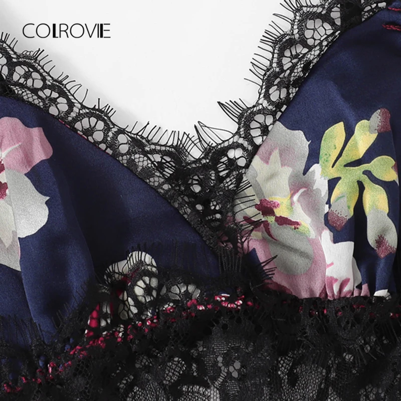 COLROVIE Multicolor Lace Trim Floral Print Satin Sexy Women Lingerie Set Boho Wireless Intimates Femme Bra Underwear Set