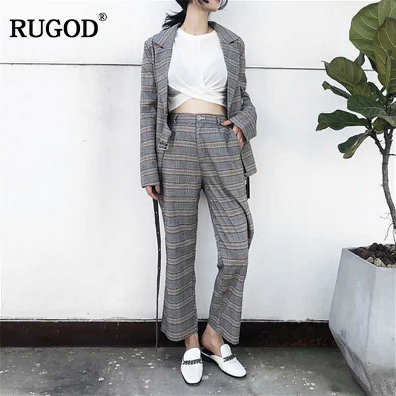 Женский двубортный костюм RUGOD офисный из 2 предметов пиджак и брюки в клетку весна