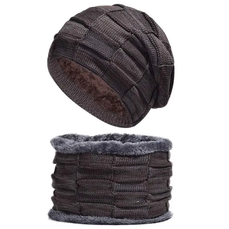 Зимний флисовый комплект с подкладкой, шапка и шарф-снуд, теплая вязаная клетчатая Балаклава с капюшоном, серый, черный, коричневый