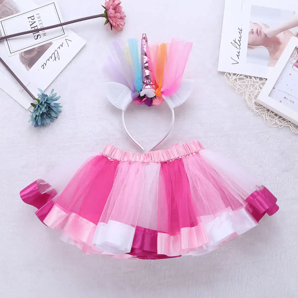 Kids Girls Rainbow Dance Tutu Skirt With Cartoon Hair Hoop Set