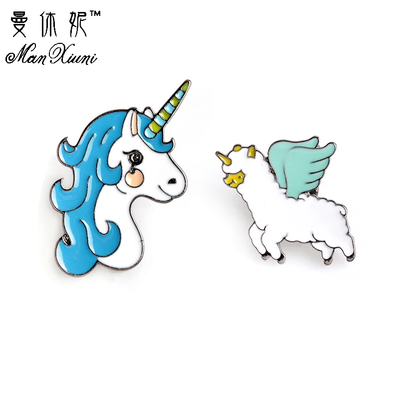 

Manxiuni 2pcs/set Blue Unicorn Fly With Wings of Alpacas Cartoon Brooch Button Pin Bag Denim Jacket Pin
