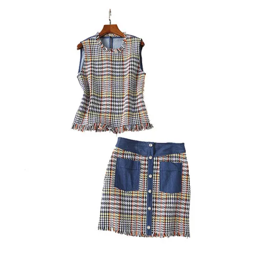 2018 beroemde merk c tank tops en mini rok runway tweedelige sets hoge kwaliteit vrouwen mouwloze top taccel rok denim tweed 2018 beroemde merk c tank tops en mini rok runway tweedelige sets hoge kwaliteit vrouwen mouwloze top taccel rok denim tweed