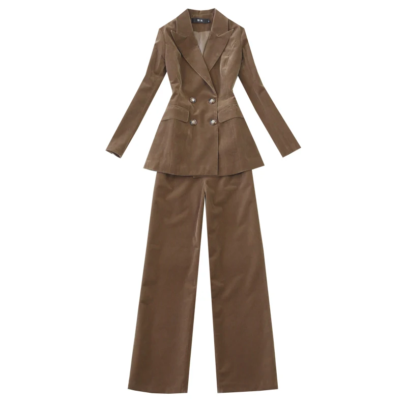 Women's Pant Suit set autumn winter velvet Slim double-breasted Blazer suit+wide leg pants two-piece Office Lady Work Wear set