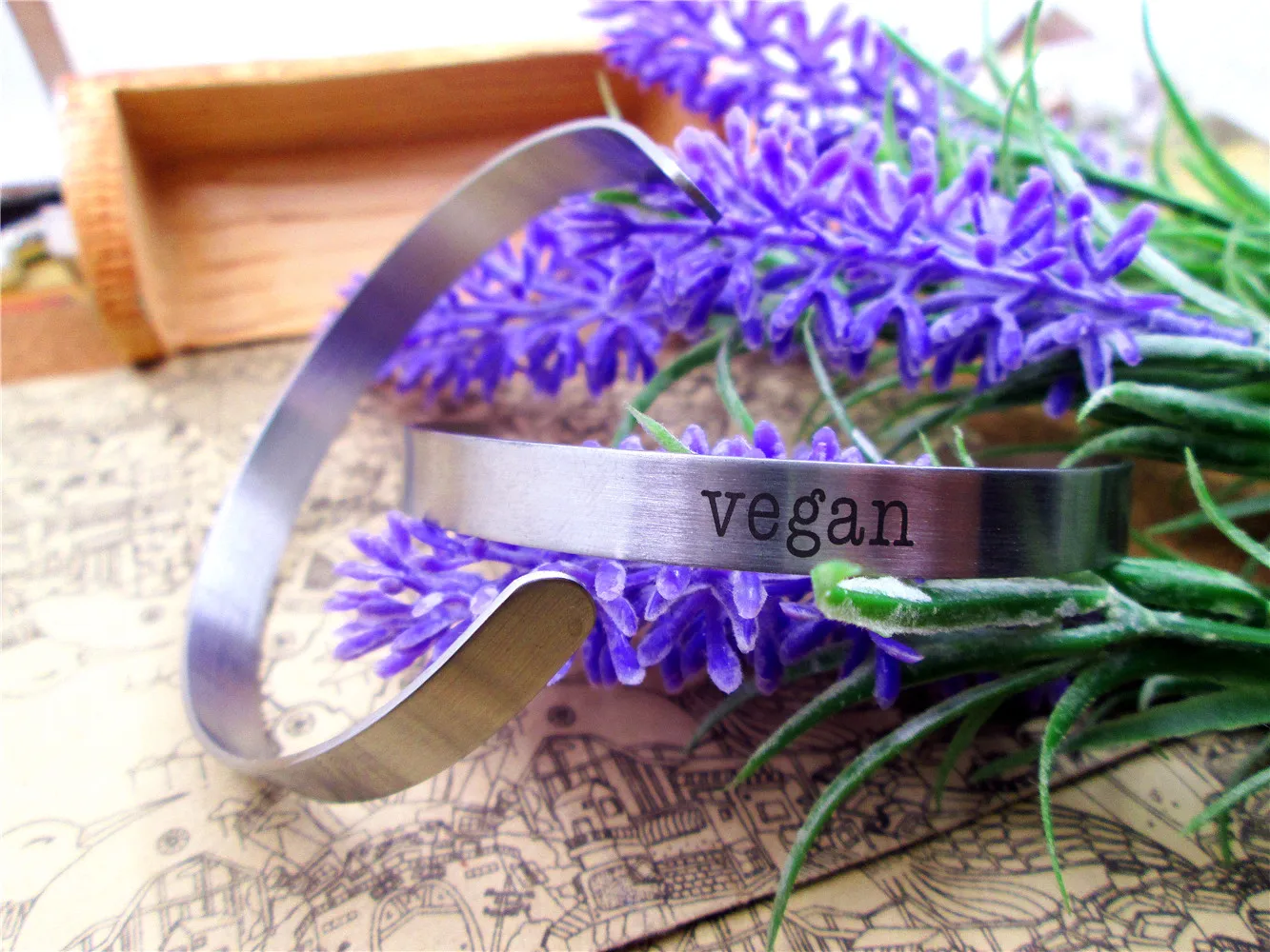 

stainless steel Cuff bracelet " vegan " for women or men Handmade bangle inspirational jewelry gift china import goods