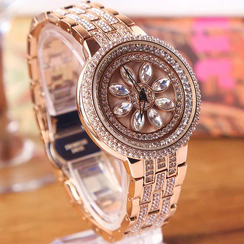 Luxury Gold Color Women Big Diamond Bracelet Watches Luxury Crystal
